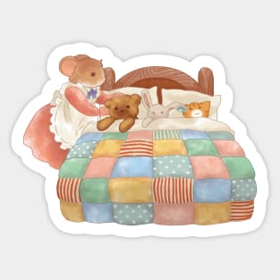 Anthropomorphic Mouse Tucking the Toys into Bed Sticker